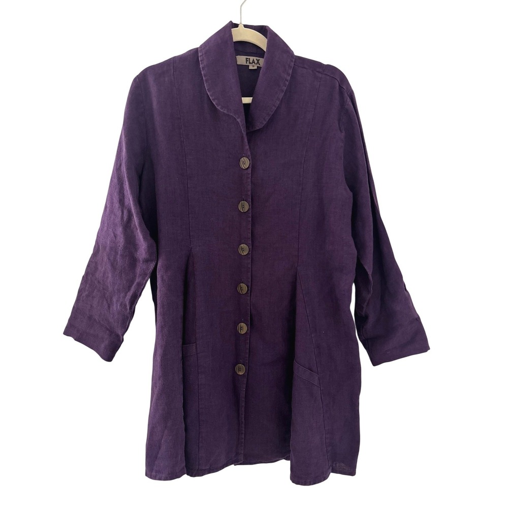 FLAX Purple 100% Linen Button Down Shawl Collar Long Sleeve Jacket Small Boho
